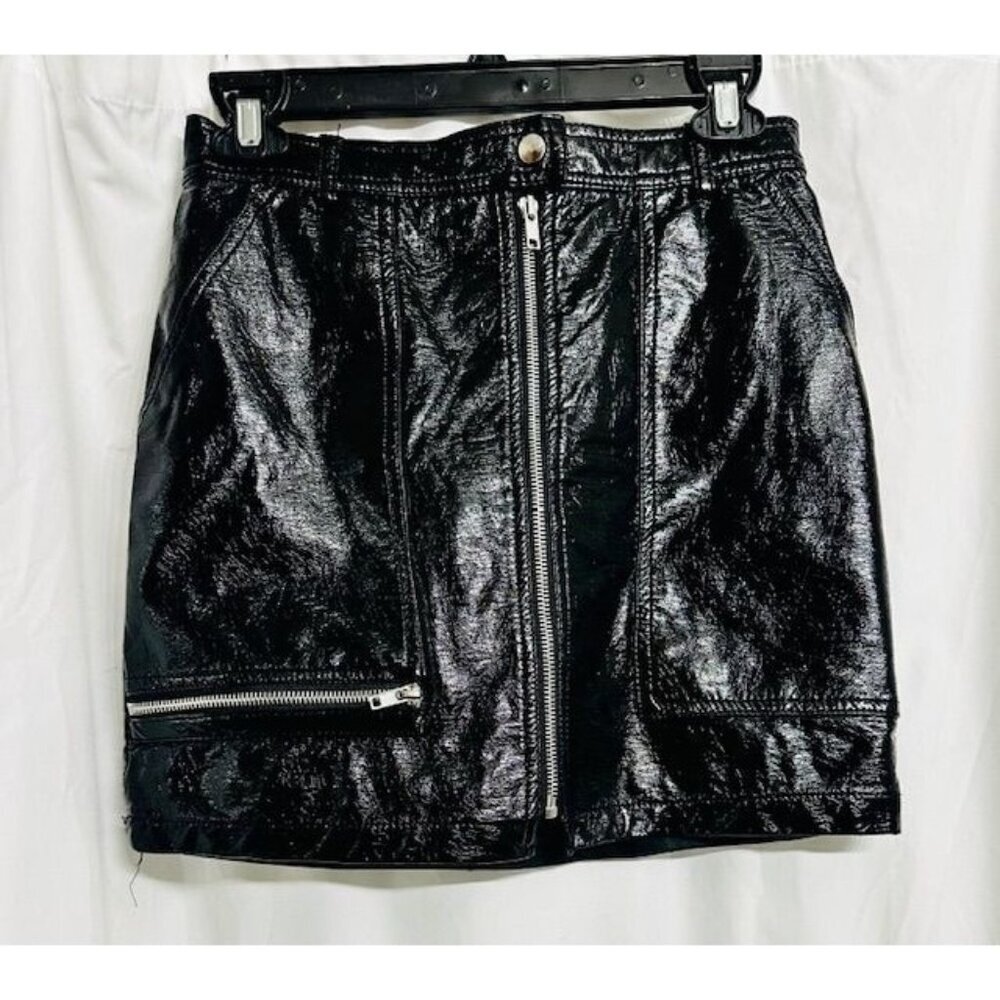 Silence + Noise Black Vegan Leather Gothic Zip Down Side Pockets Mini Skirt Sz M